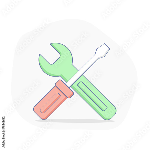 Settings, Service, Repair tools. Wrench and Screwdriver icon. Flat outline vector illustration on white background.