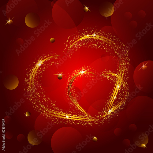 Hearts with flickering lights and stars of light. Abstract Valentines Day background