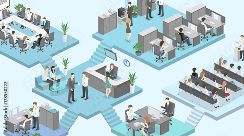 Isometric flat 3d abstract office floor interior departments concept vector.