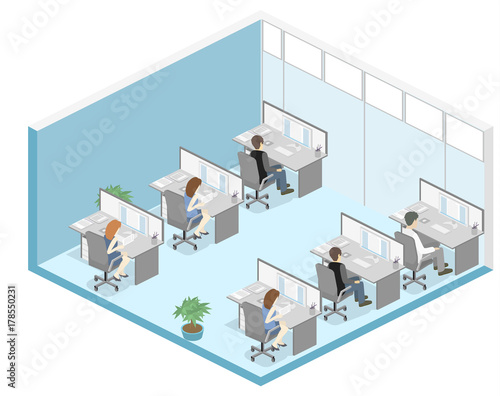 Flat 3d isometric office floor interior departments concept vector. © reenya