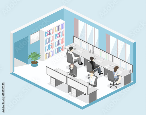 Flat 3d isometric office floor interior departments concept vector.