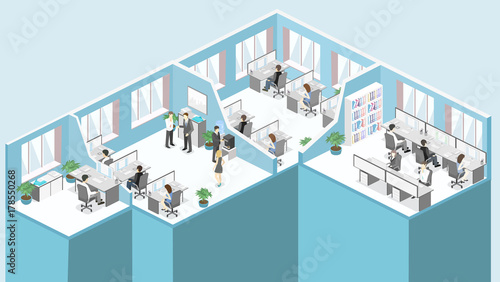 Flat 3d isometric office floor interior departments concept vector.