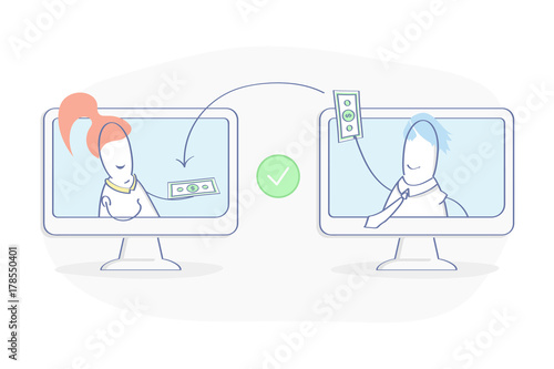 People sending and Receiving money, payments between the wallets. Payment Transfer, Transaction. Flat outline vector illustration. Premium quality line icon concept.