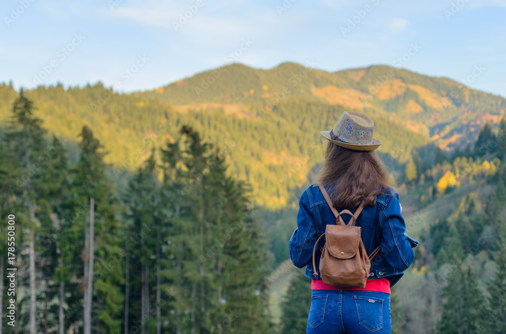 Traveler on the background of mountains, place for writing text.
Traveler on the background of mountains, place for writing text.