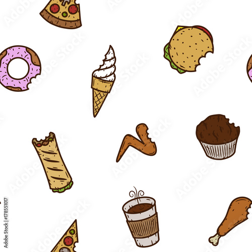 Hand-drawn seamless fast food pattern. Vector illustration.
