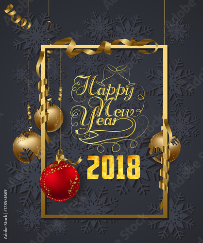 Christmas and new year 2018 wishes on card. Christmas related ornaments objects on color background