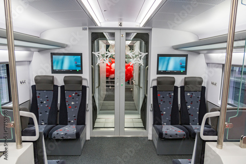 MOSCOW, RUSSIA - OCTOBER 27, 2017: The very first two-story high-speed train from the city to the airport. Interior
 photo