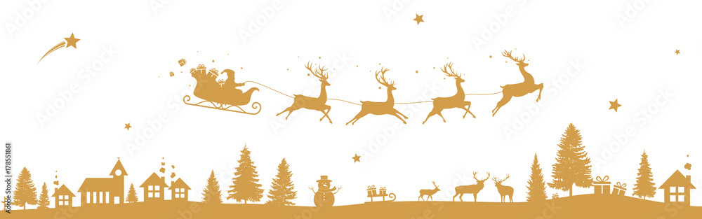 Christmas landscape with flying sleigh