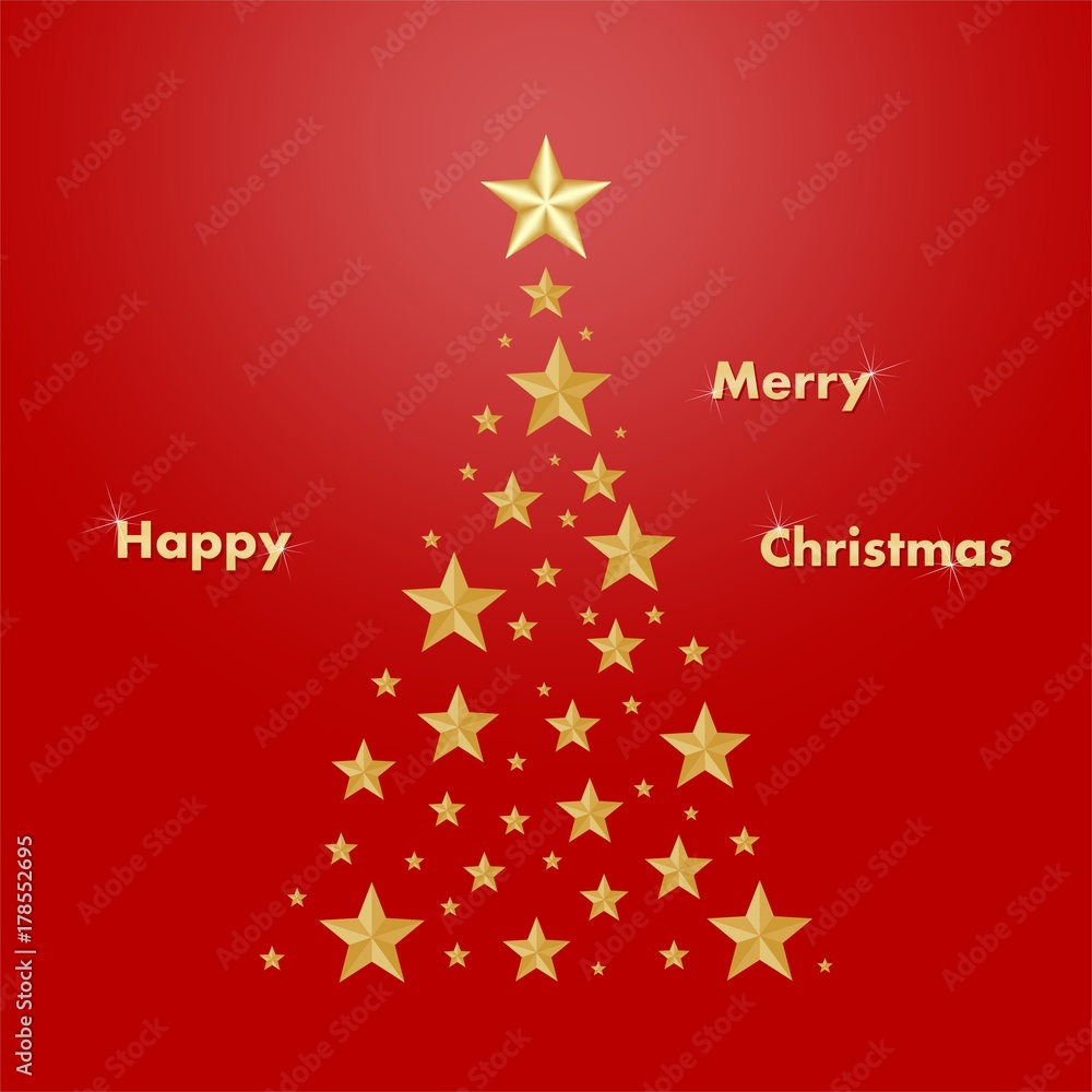 Red Christmas card with a gold Christmas tree composed of gold illuminating stars with a glowing writing Happy Merry Christmas on a red background Red Christmas card with a gold Christmas tree composed of gold illuminating stars with a glowing writing Happy Merry Christmas on a red background