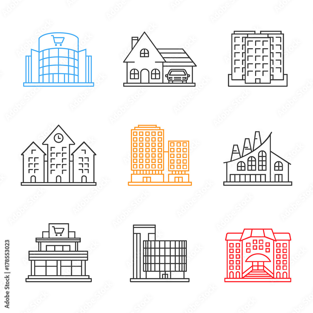 City buildings linear icons set