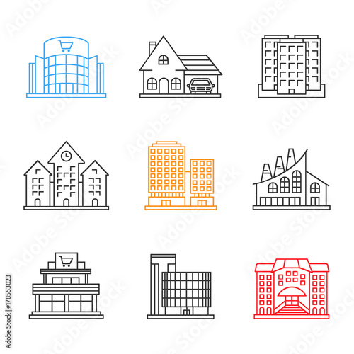 City buildings linear icons set