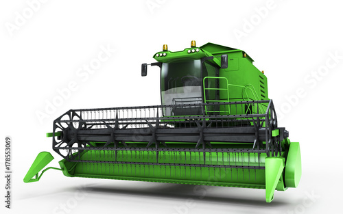 3D illustration. Green combine harvester isolated on a white background. Front view