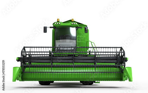 3D illustration. Green combine harvester isolated on a white background. Front view