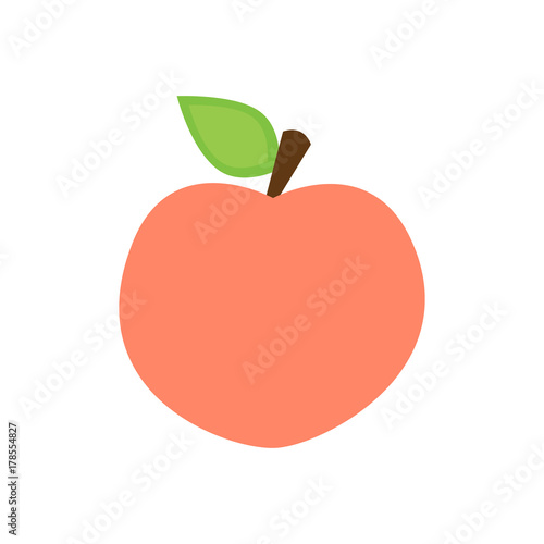 Peach vector illustration graphic, peach fruit with stalk and green leaf. Isolated on white background.