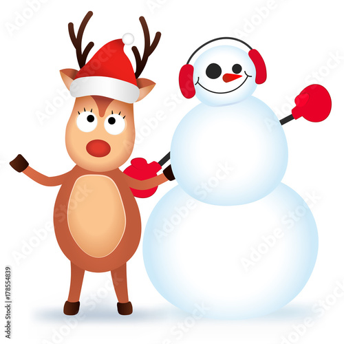 Cute and funny Christmas card. Character Deer and snowman. Vector illustration. photo