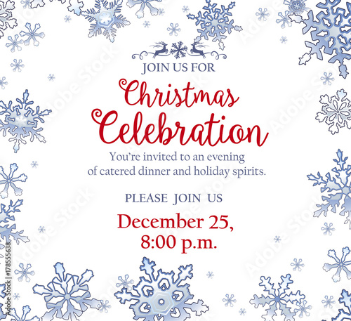 Christmas party invitation with frosty snowflakes