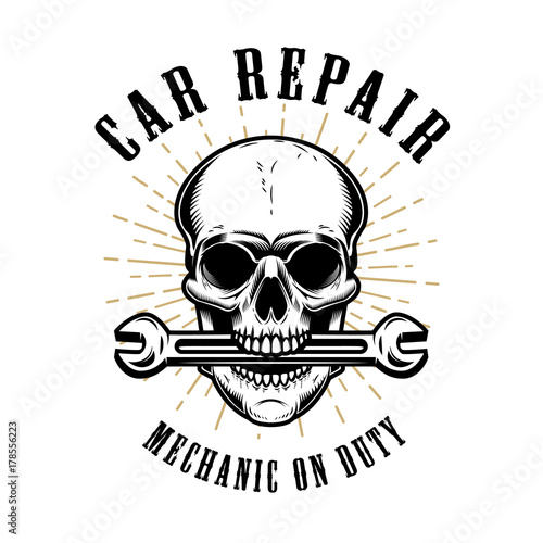 Car repair. Human skull with wrench in mouth.