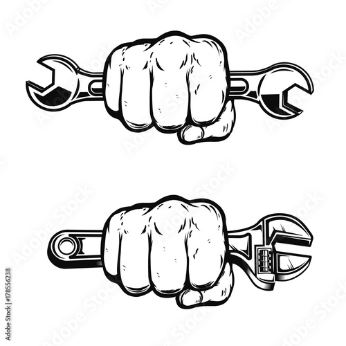 Human fist with wrench. Design element for poster, emblem, sign, badge. Vector illustration