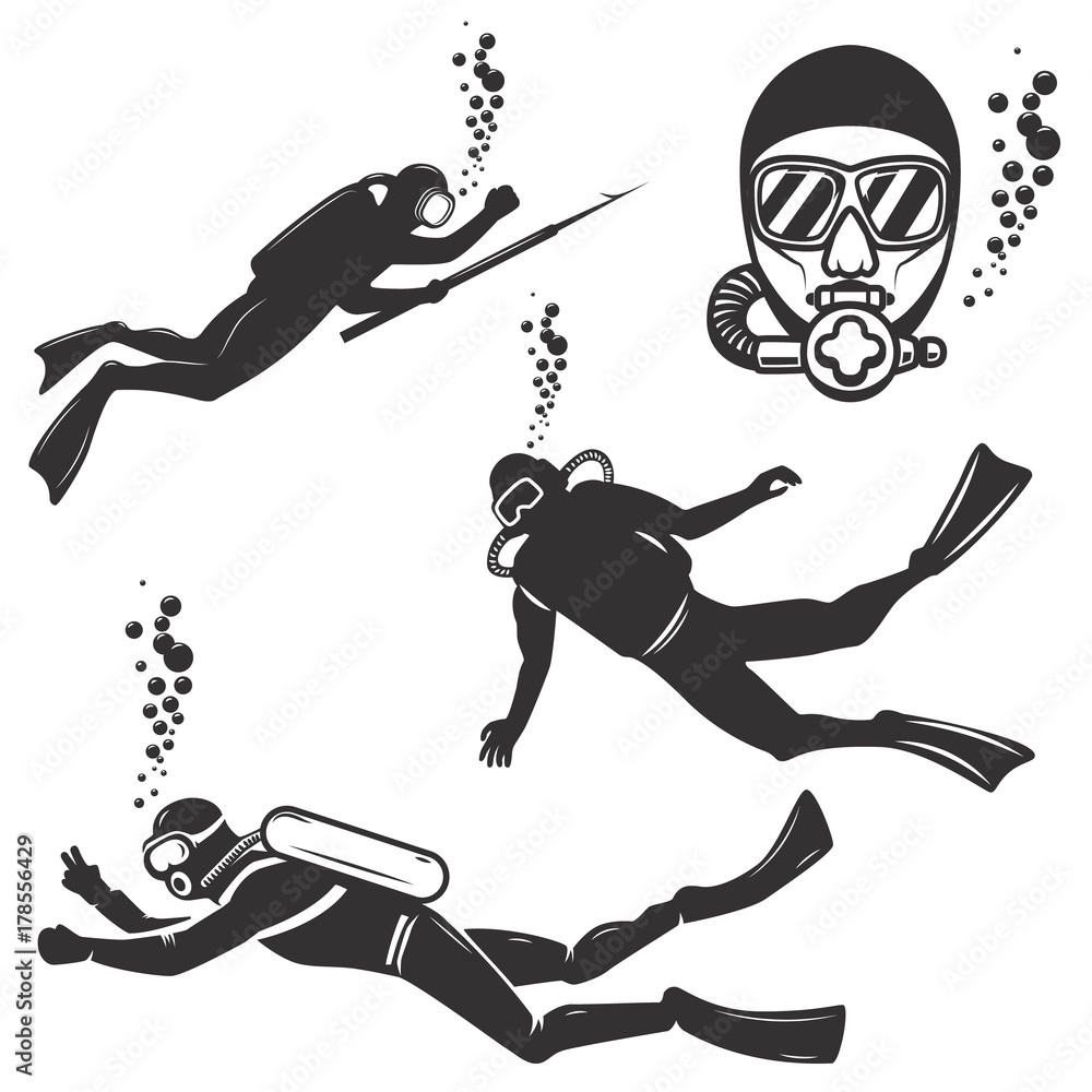 Set of diver icons isolated on white background. Set of diver icons isolated on white background.