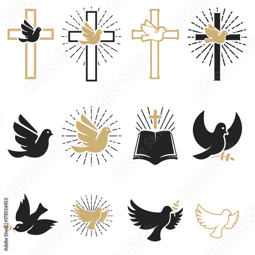 Set of religious signs. Cross with dove, holy spirit, bible.