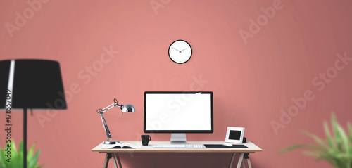 Desktop computer screen isolated. Modern creative workspace. Front view.