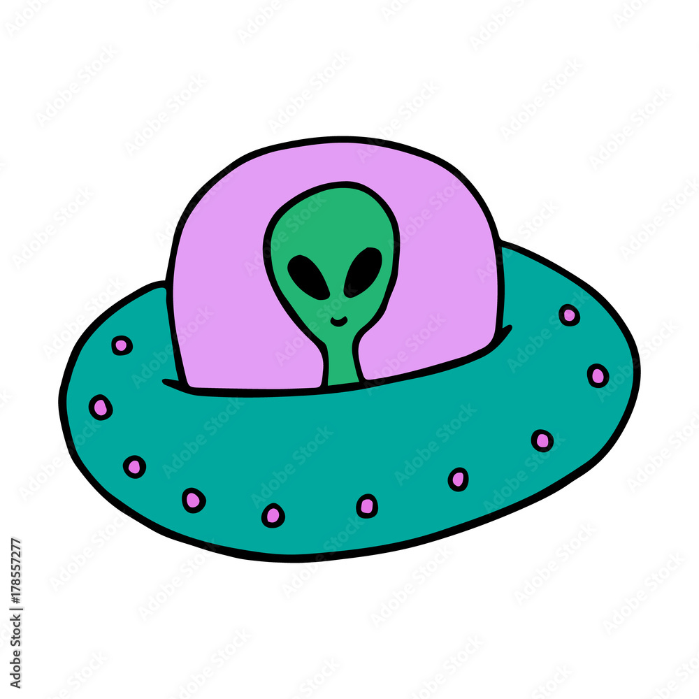 Cute colorful ufo, flying saucer vector illustration doodle cartoon