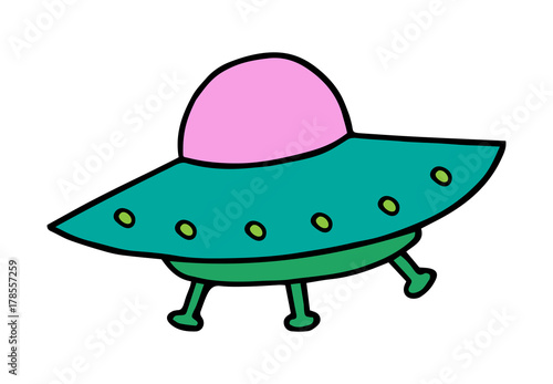 Cute colorful ufo, flying saucer vector illustration doodle cartoon drawing. Sticker, patch or badge, cool icon.