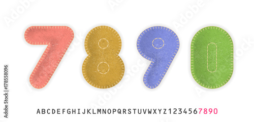 Uppercase realistic numbers 7, 8, 9, 0 made of color felt fabric. For festive cute design.