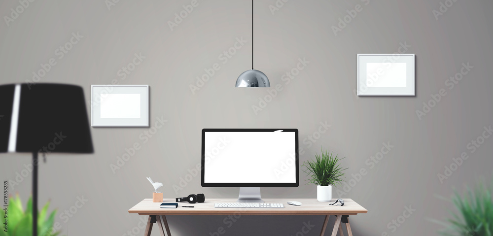 Computer display and office tools on desk. Desktop computer screen isolated. Modern creative workspace background. Front view. Computer display and office tools on desk. Desktop computer screen isolated. Modern creative workspace background. Front view.