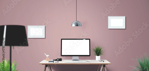 Computer display and office tools on desk. Mockup Scene Creator