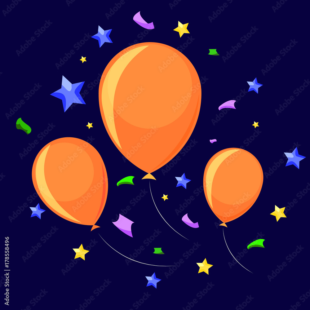 Три желтых воздушных шара летающие с звездами и конфетти