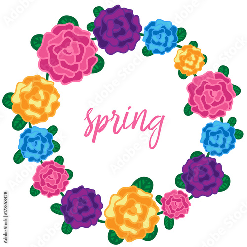 Colorful flower wreath with roses and leaves with pink writing spring. Vector illustration doodle hand drawing.