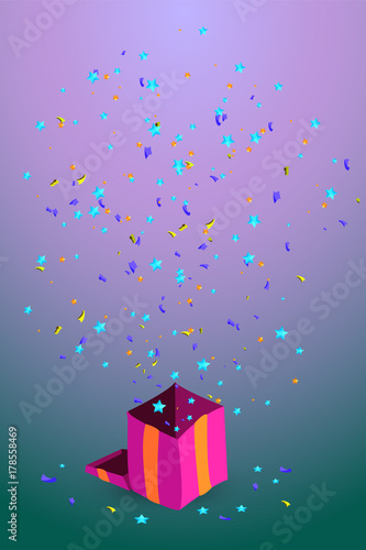 Pink surprise box, explosion, confetti flies in different directions