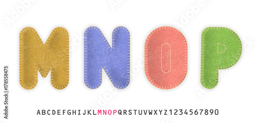 Uppercase realistic letters M, N, O, P made of color felt fabric. For festive cute design.