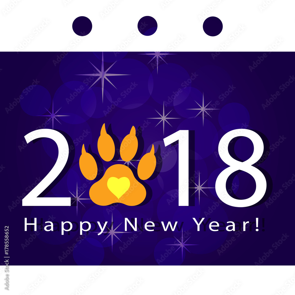 Naklejka premium happy new year, greeting card with the number and track of the dog's paw. Vector. Illustration