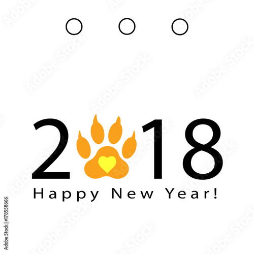 happy new year, greeting card with the number and track of the dog's paw. Vector. Illustration
