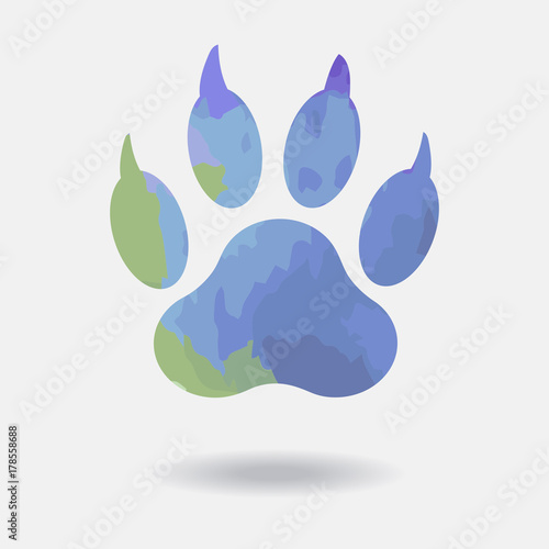 Trace paw of dog with shadow isolated on white background Vector.