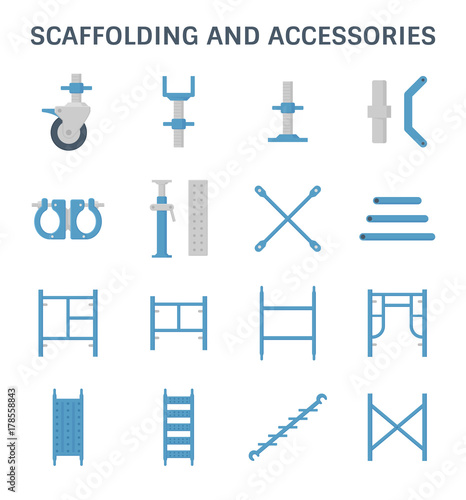 Scaffolding icon also called scaffold or staging. Temporary structure to support work in construction, maintenance and repair of building. Consist of wheel or caster, platform, ladder and frame etc.