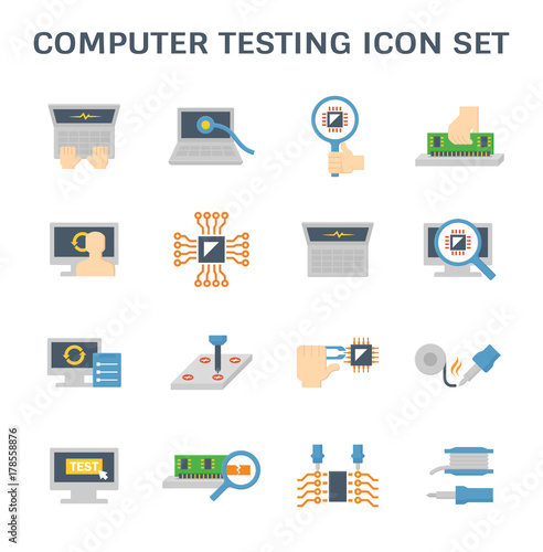 Computer testing vector icon. Include pc, laptop, technician, equipment tool, hardware and component. To maintenance service consist of upgrade, virus and error scan, check, fix or damage repair.