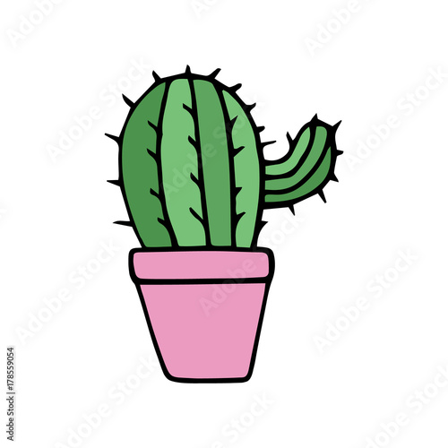 Cute little cacti in pink plant pot. Vector illustration doodle cartoon drawing. Isolated cactus sticker icon.