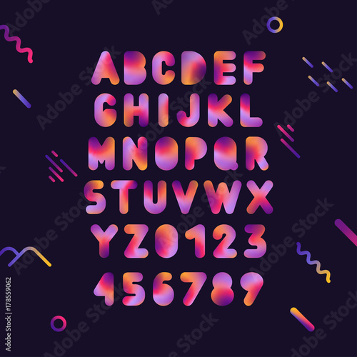 Vector capital trendy gradient fluid alphabet with numbers on black background.