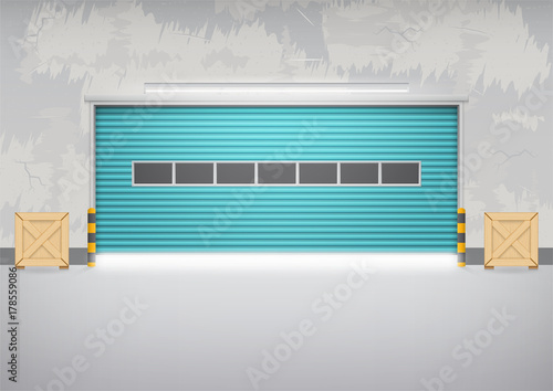 Roller door or roller shutter. Also called security door or security shutter. For protect residential, commercial and industrial building i.e. house, factory, warehouse, hangar. Vector illustration.
