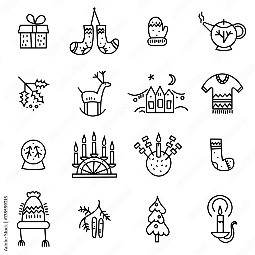 Vector set of thin line icons of cute Christmas symbols. Stock ...
