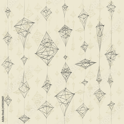 Vector seamless hand-drawn pattern. Three dimensional geometric forms, pyramids of thin line connected to each other. Black ornament on a white background.