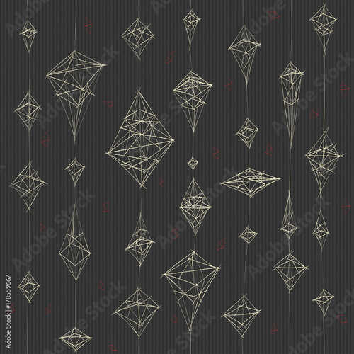 Vector seamless hand-drawn pattern. Three dimensional geometric forms, pyramids of thin line connected to each other. White ornament on dark corrugated background.