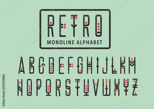 Vector alphabet set. Capital letters in geometric retro style with red points. For hipster theme, grungy posters.