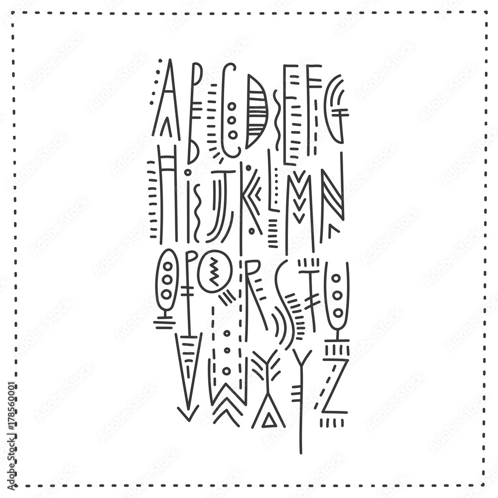 Fototapeta premium Vector trendy alphabet in ethnic thin line style. Font composition.