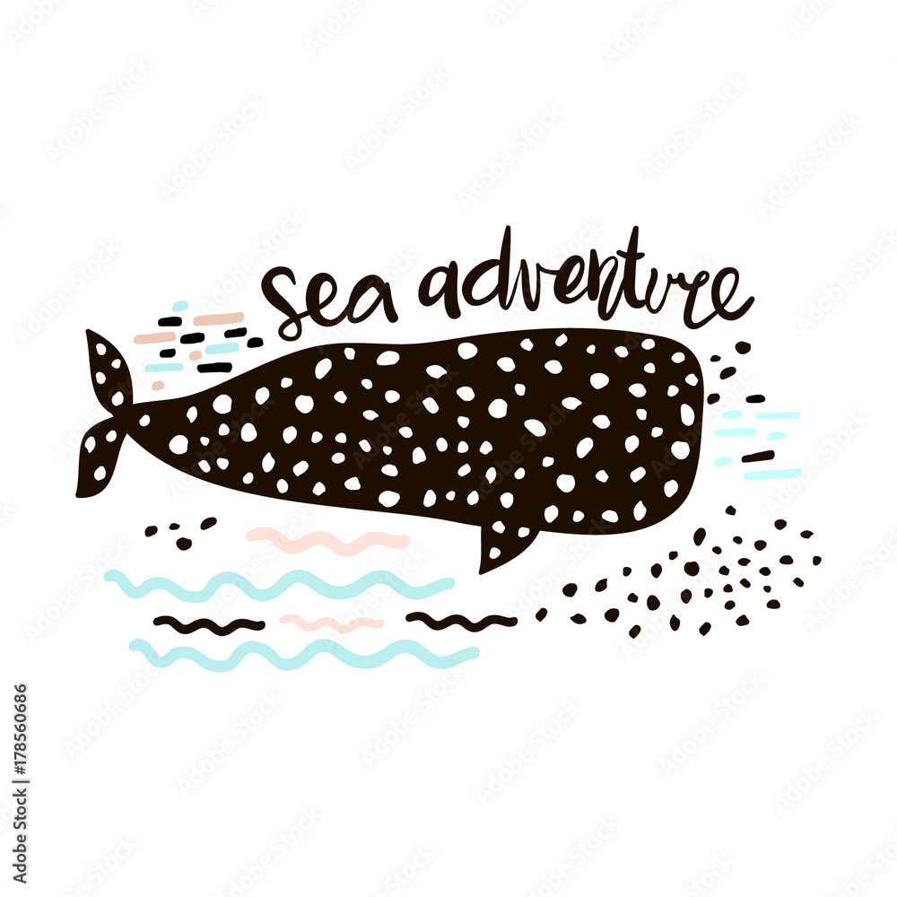 Sea adventure hand drawn creative print with whale. Childish print for nursery, kids apparel,poster, postcard. Vector Illustration Sea adventure hand drawn creative print with whale. Childish print for nursery, kids apparel,poster, postcard. Vector Illustration