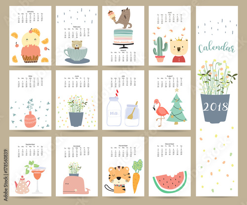 Colorful cute monthly calendar 2018 with bear,ice cream,cuctus,flamingo,flower,Christmas tree,cake,tiger,carrot and porcupine.Can be used for web,banner,poster,label and printable