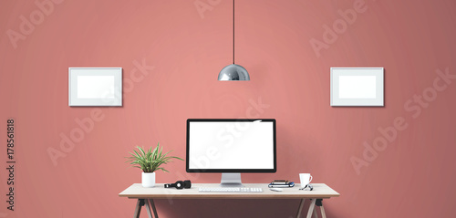 Wallpaper Mural Computer display and office tools on desk. Desktop computer screen isolated. Front view. Torontodigital.ca